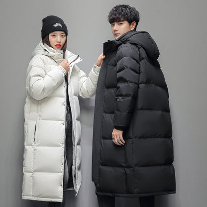 Long, padded men's down jacket with hood