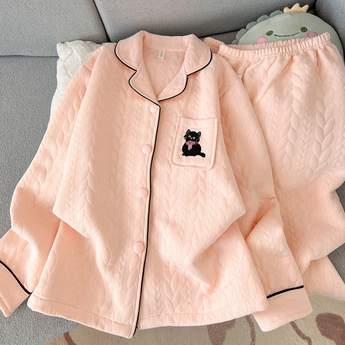 Women's Pajama Set with Air Layer Insulation and Cartoon Print
