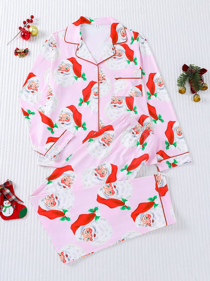 Women’s Pajama Set, Long Sleeve, Christmas Motif, Notched Collar