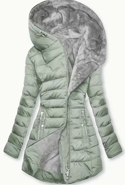 Women's quilted coat, tailored, with hood, medium length