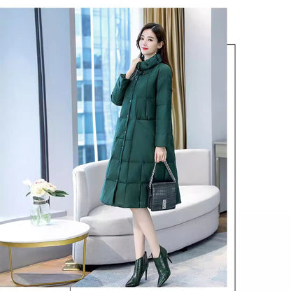 Women's down coat in A-line, mid-length, stand collar