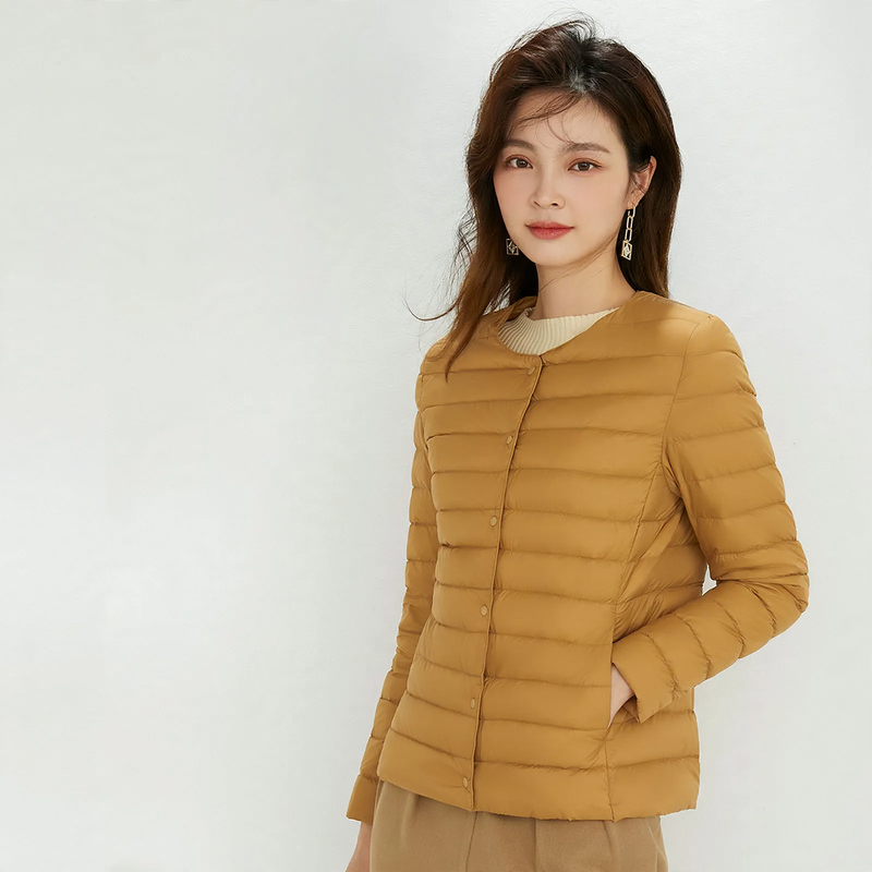 Light women's down jacket, round neck
