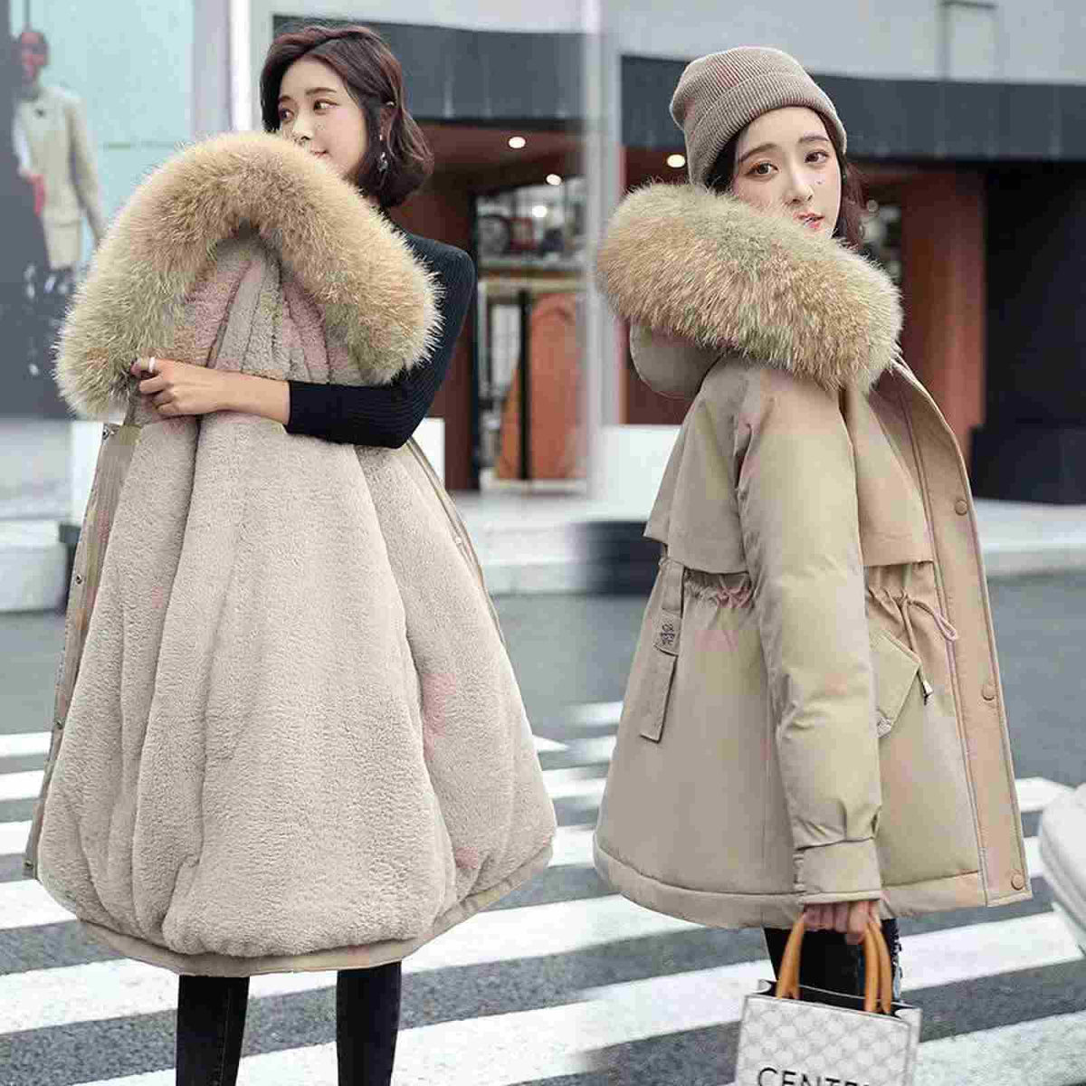 Ladies' winter jacket, padded, with faux fur collar
