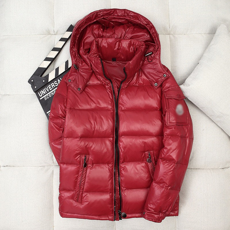 Short men's down jacket, hood, white duck down