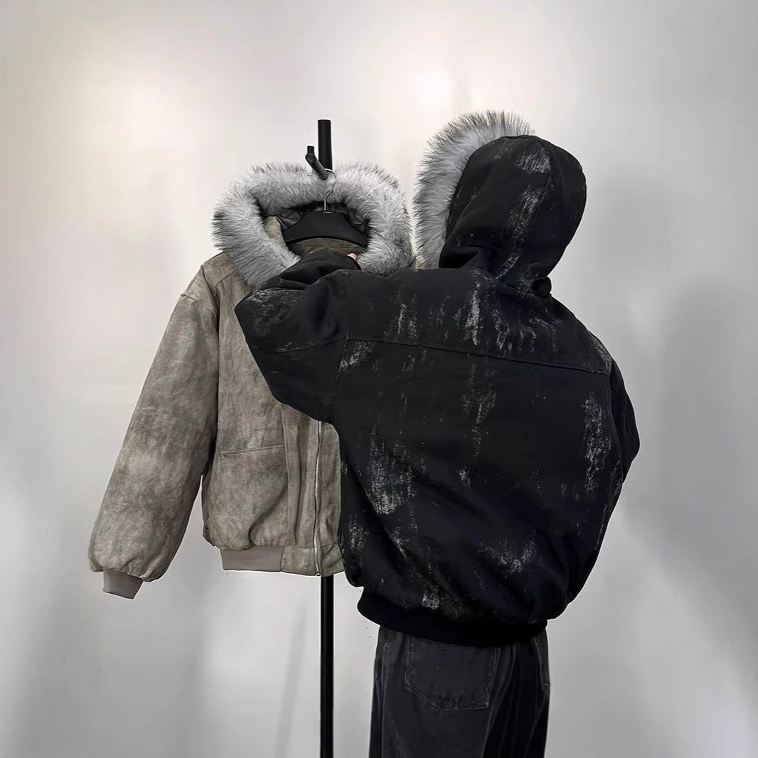 Padded men's winter jacket with hood and faux fur collar