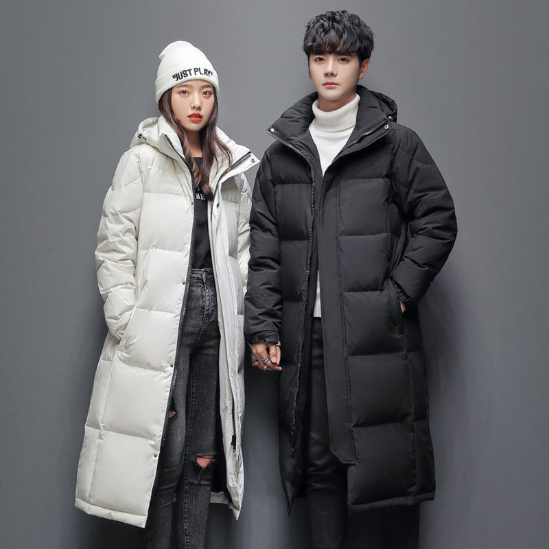 Long women's down coat, knee-length, padded, for winter
