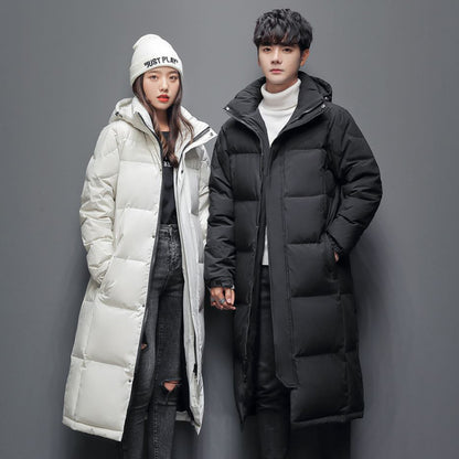 Long women's down coat, knee-length, padded, for winter