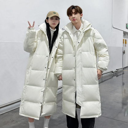 Long down coat, knee-length, white goose down