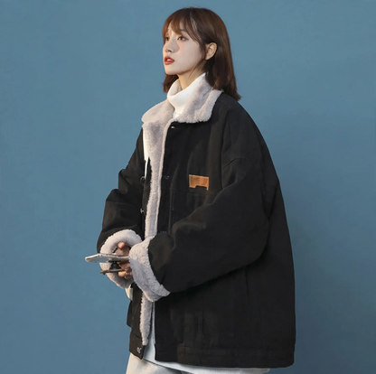 Padded women's jeans jacket with fur collar, short