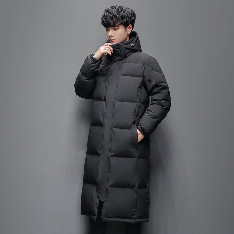 Long women's down coat, knee-length, lined, for winter