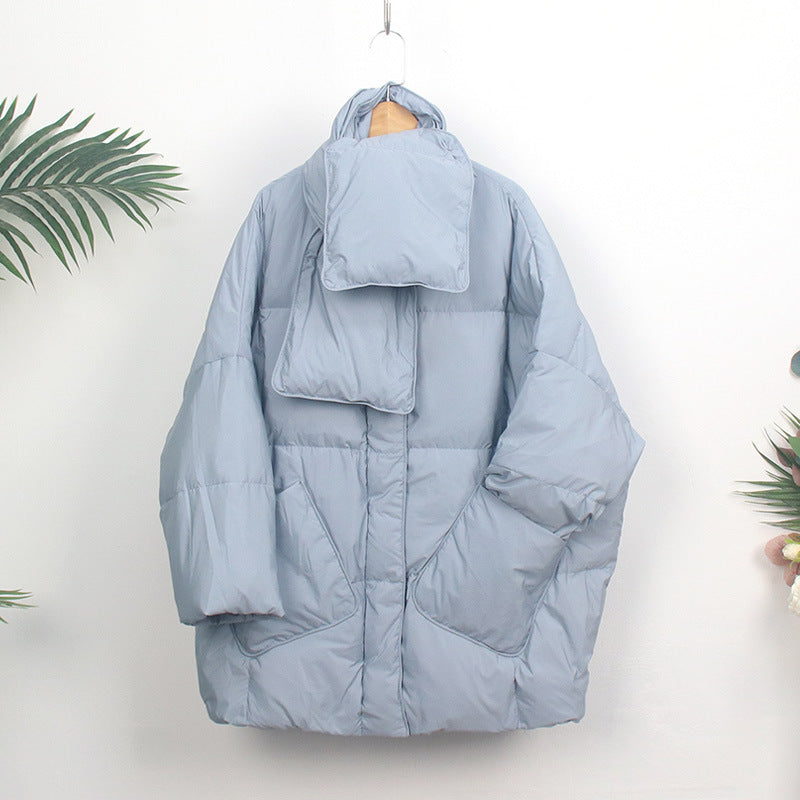 Women's down coat with scarf, medium length, loose fit