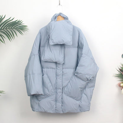 Women's down coat with scarf, medium length, loose fit