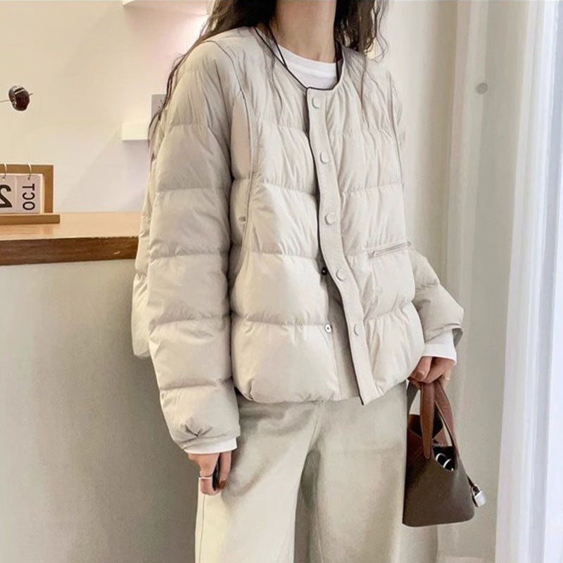 Women's down jacket with round neck and button placket