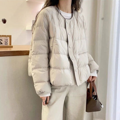 Women's down jacket with round neckline and button placket