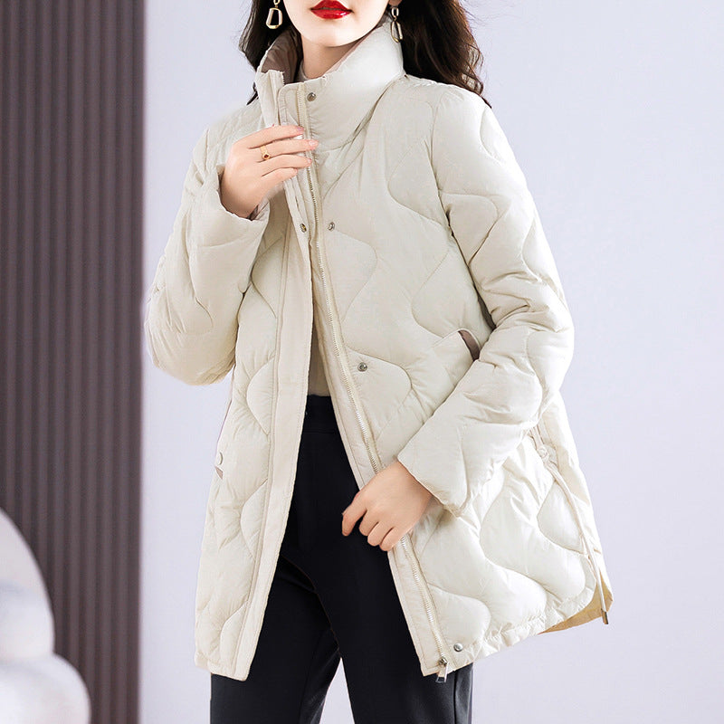 Long women's winter jacket with stand-up collar