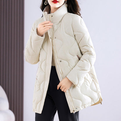 Long women's winter jacket with stand-up collar