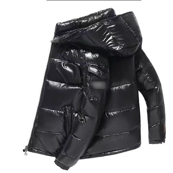 Short men's down jacket, hood, white duck down