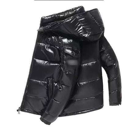 Short men's down jacket, hood, white duck down