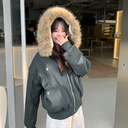 Women's winter jacket, padded, short, with fur collar