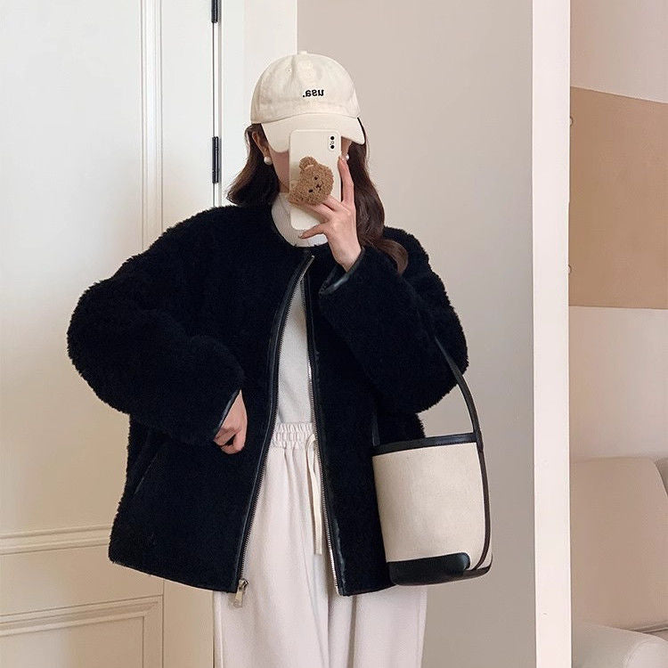 Sheep fur coat for women, round neckline