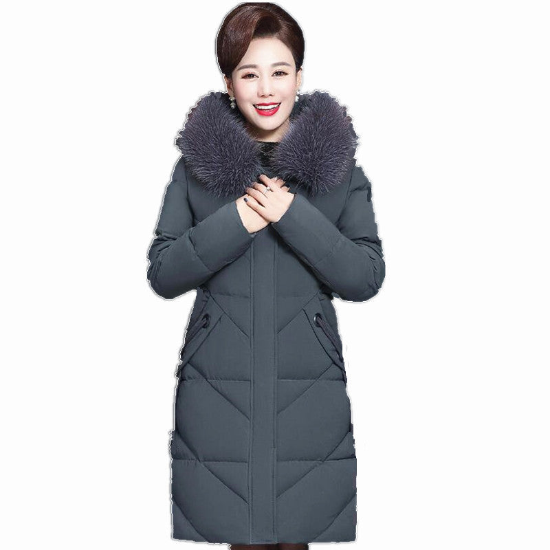 Women's quilted coat, mid-length, with faux fur collar