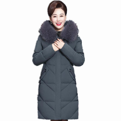Women's quilted coat, mid-length, with faux fur collar
