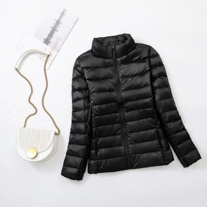 Light women's down jacket with stand-up collar