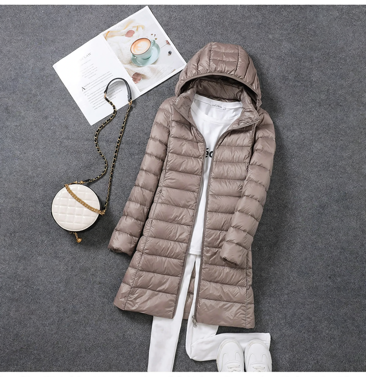 Women's down coat, mid-length, with removable hood