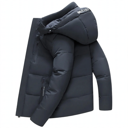 Short men's down jacket with detachable hood
