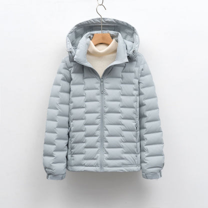 Light women's down jacket with hood, short