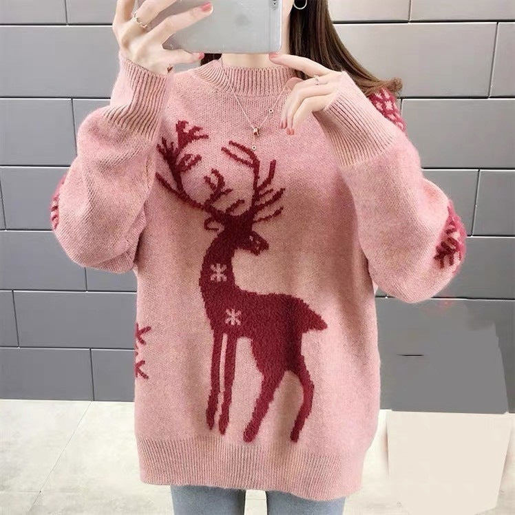 Christmas knitted sweater with reindeer motif, stand-up collar