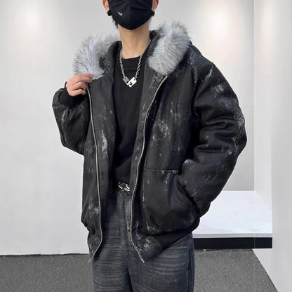 Padded men's winter jacket with hood and faux fur collar