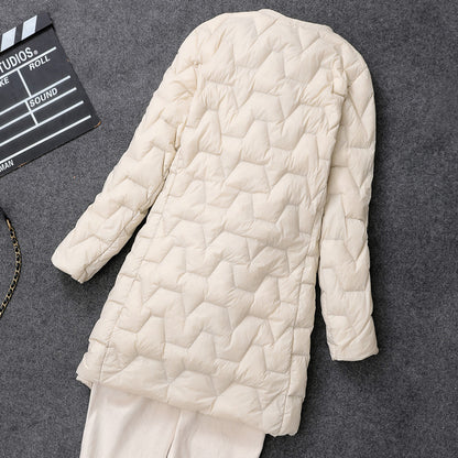 Light, mid-length down jacket, collarless