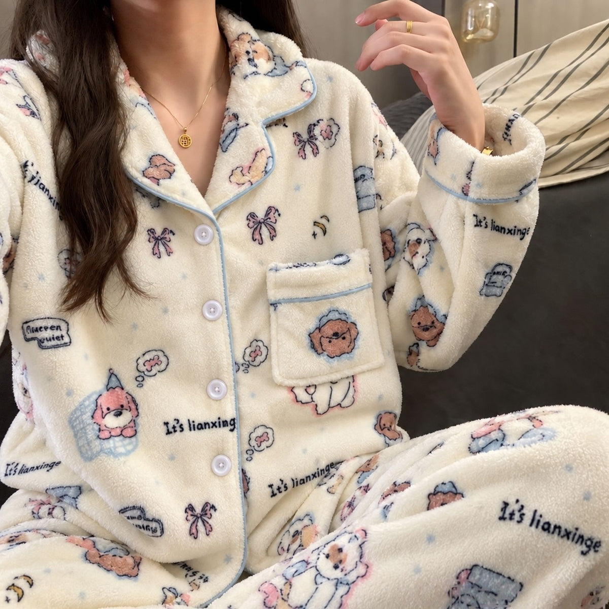 Women's flannel pajama set, lined, winter loungewear