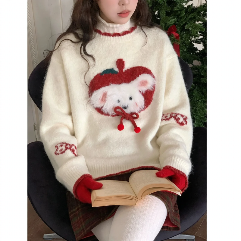 Fluffy knit sweater in contrasting colors