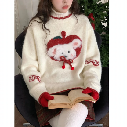 Fluffy knit sweater in contrasting colors