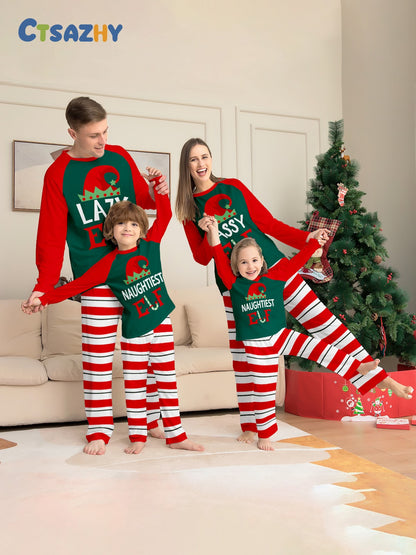 Family pajamas set, festive design, striped