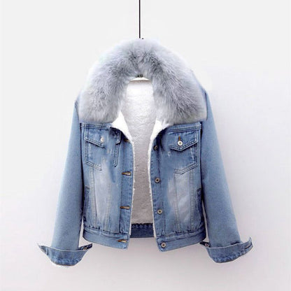 Padded denim jacket for women, short, with faux fur collar