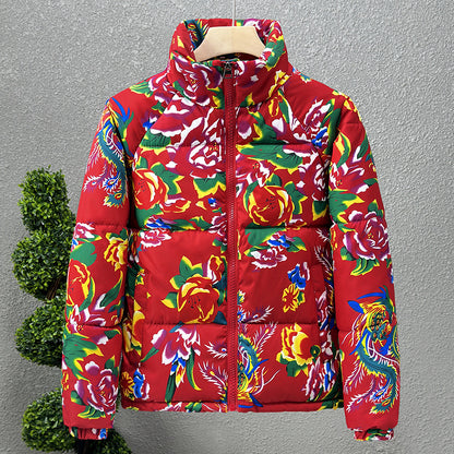 Padded winter jacket with floral pattern, unisex