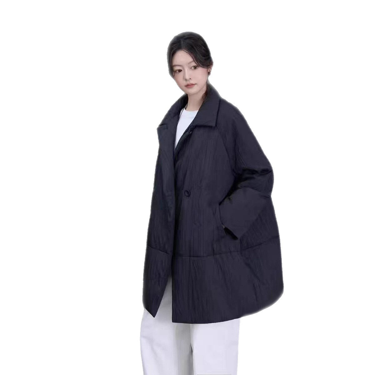 Mid-length down jacket with lapels, white duck down