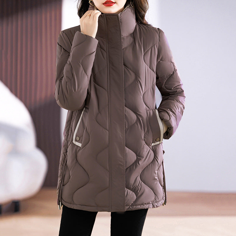 Long women's winter coat with stand-up collar