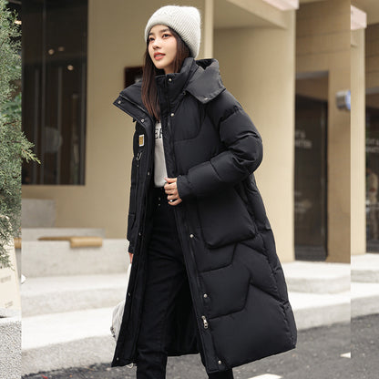 Padded women's winter coat, knee-length, with removable hood