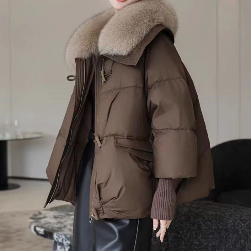 Short women's winter jacket with faux fur collar, padded