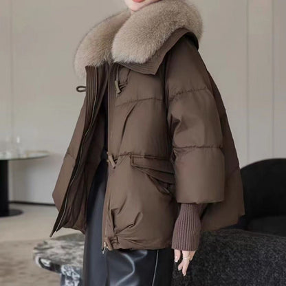 Short women's winter jacket with faux fur collar, padded