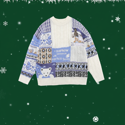 Retro knitted sweater with cable pattern and bear design