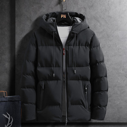 Padded men's winter jacket with hood, solid color