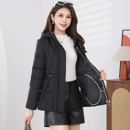 Short, padded women's jacket with hood