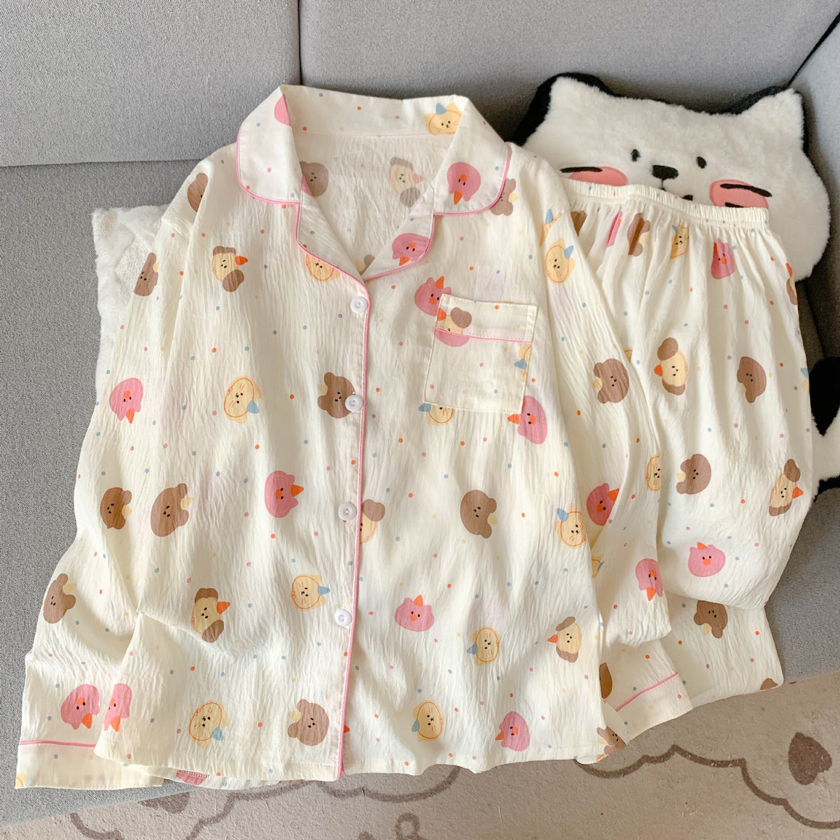 Women's Pajama Set, Long Sleeve, Cotton Blend, Cartoon Pattern