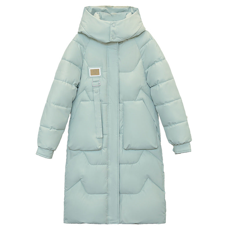 Padded women's winter coat, knee-length, with removable hood