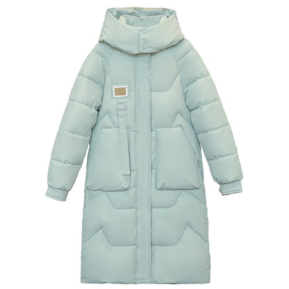 Padded women's winter coat, knee-length, with removable hood